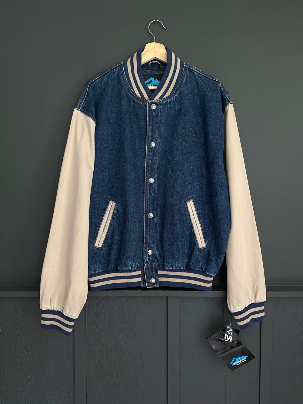 Vintage 1990s Tri-Mountain Denim Varsity Bomber Jacket Deadstock NEW Size Medium